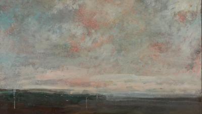 Абстрактний живописний пейзаж із похмурим небом та темним переднім планом.