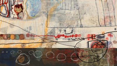 Абстрактний живопис у змішаній техніці на папері: яскраві кольори, геометричні фігури, лінії та кола на світлому фоні.