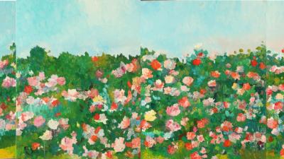 Painting of a rose garden with vibrant pink, red, and soft-colored blooms under a clear sky.