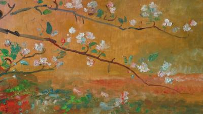 Painting. Close-up of a branch with white and pink blossoms on a warm orange-brown background.