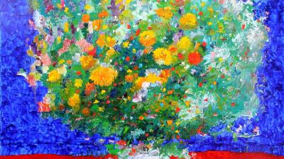 Painting: a lush bouquet of wildflowers in a vase against a deep blue and red background.