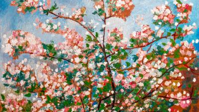 Painting. Close-up of a flowering tree branch with vibrant pink and white blossoms against a clear blue sky.