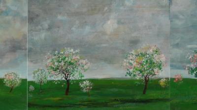 Painting triptych: spring garden with flowering trees on a green field under a cloudy gray-blue sky.