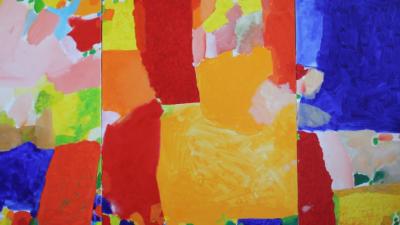 Abstract painting triptych with bright yellow, red, and deep blue colors.