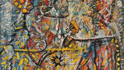 Dynamic abstract painting with figurative elements, dominated by warm colors: yellow, orange, and red, with touches of blue.