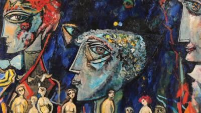 Intense painting of large faces and small figures engulfed in flames under a deep, moody blue sky.