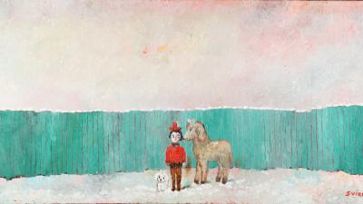 A child in red with a dog and a pony standing on snow by a green fence under a bright sky.