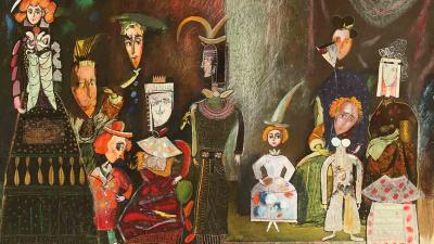 Вишуканий колаж у змішаній техніці, що зображує стилізовані фігури у театральних костюмах.