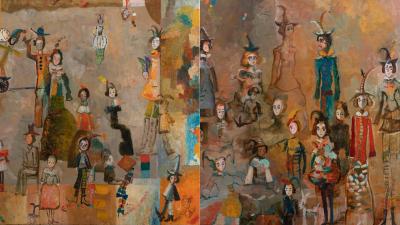 A vibrant painting depicting many stylized theatrical characters in diverse costumes, rendered with rich textures.