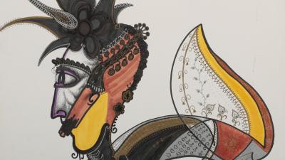 Яскравий малюнок у змішаній техніці, що зображує фантастичну істоту з людським профілем та тілом, схожим на саламандру.