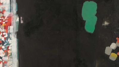 Чорний абстрактний живопис з яскравими різнокольоровими геометричними візерунками збоку та помітною зеленою плямою.