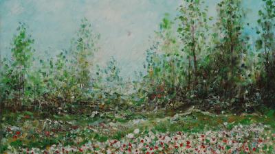 Імпресіоністичний живопис, що зображує поле барвистих квітів з деревами та світло-блакитним небом на задньому плані.