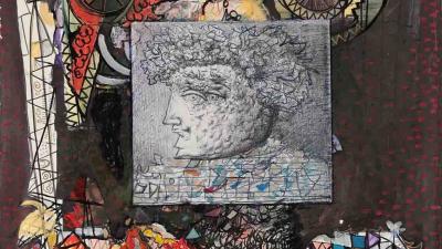 Detailed mixed-media drawing on paper combining a figurative profile, abstraction, and symbolic elements.