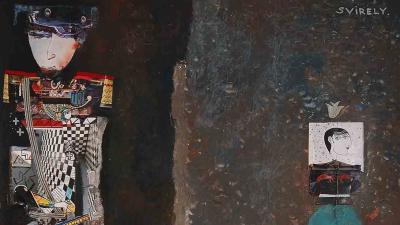 Колаж на папері, що зображує стилізовані фігури чоловіка з мечем та аксельбантами і жінки у довгій кобальтовій спідниці.