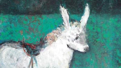 An expressionistic painting featuring a white pony with a saddle against a dark, textured green and black background.