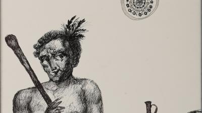 Малюнок кентавра, що тримає посох і глечик, з місяцем і сонцем над ним.