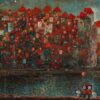 Figurative painting oil on canvas of a city with red roofs, and two children with dogs in front beside a body of water.